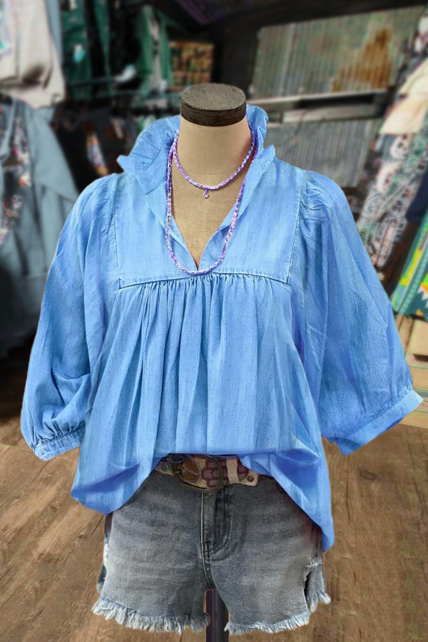 Casual Ruffle V-Neck Bubble Sleeve Top