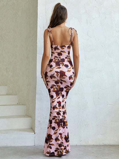 Printed Slip Pleated Backless Dress