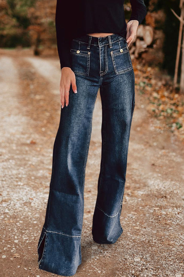 Vintage Washed Pocket Wide Leg Jeans