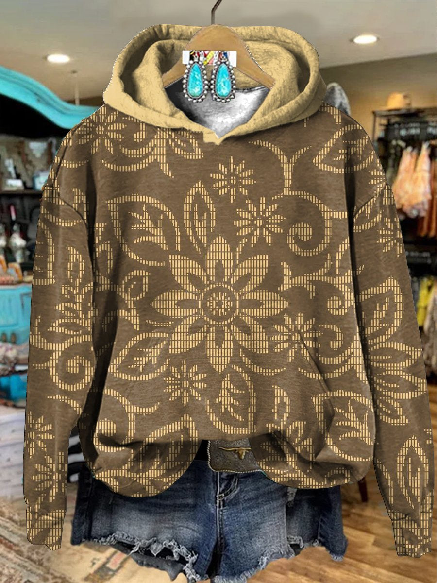 Brown Vintage Ethnic Flowers Print Casual Hoodie Sweatshirt