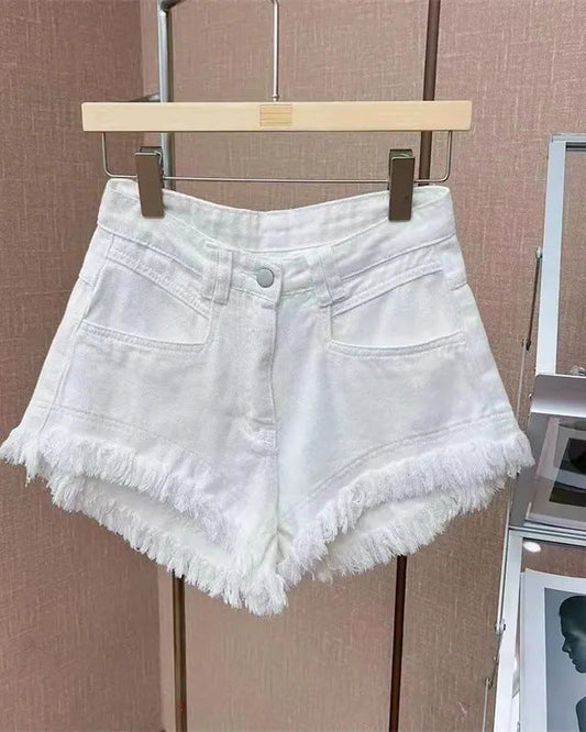 Solid Color Fringed Denim Shorts