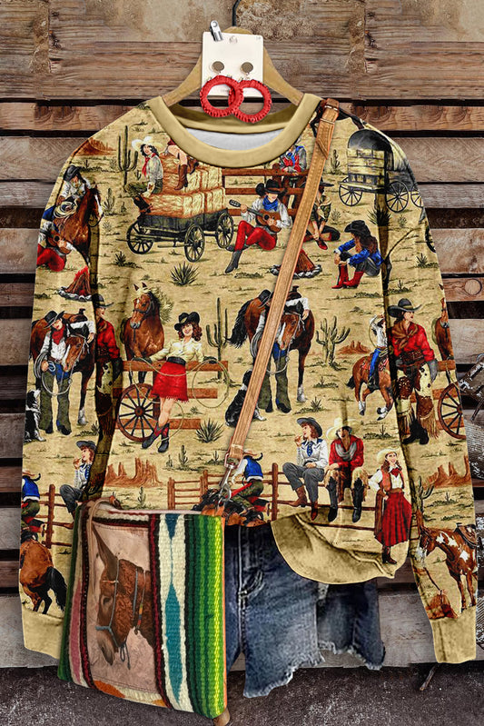 Only 1 Piece Left: Vintage Western Print Crew Neck Sweatshirt