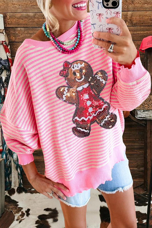 Sweet Christmas Gingerbread Sequin Striped Sweatshirt