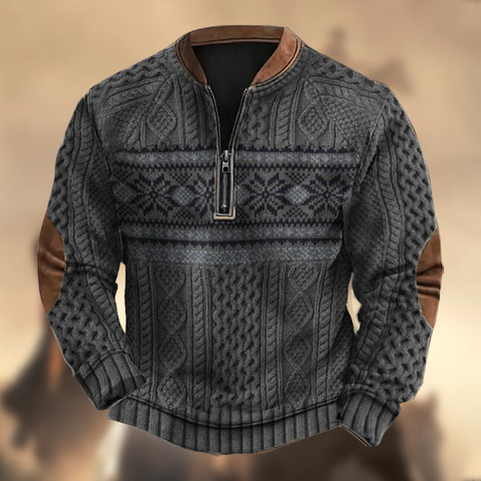 Men's Vintage Western Color Block Knitted Print Zipper Stand Collar Casual Sweatshirt