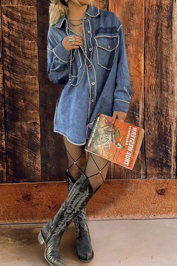 Oversized Frayed Denim Shirt Dress