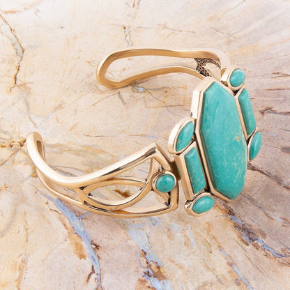 Deco Green Turquoise and Golden Statement Cuff Bracelet