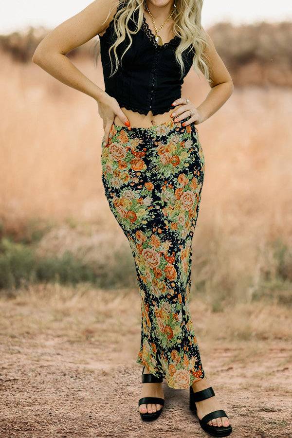 Vintage Floral Print High Waist Skirt