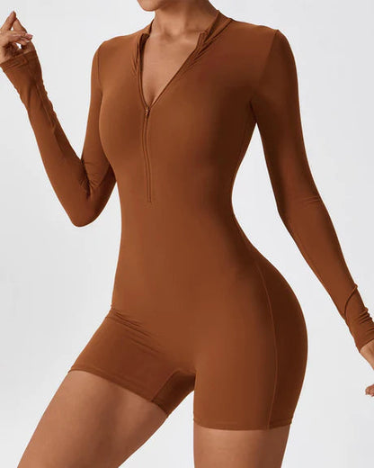 Solid Color Long Sleeve Zippered Slim Fit Women’s Bodysuit Jumpsuit Romper