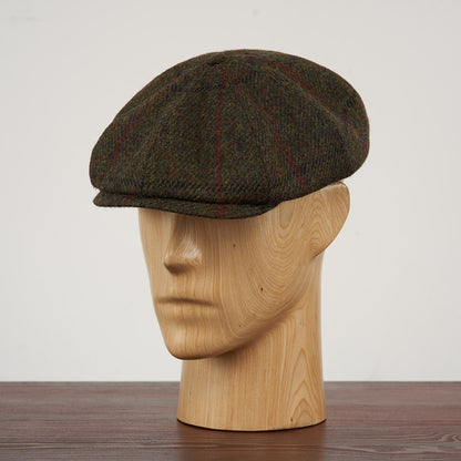 PEAKED CAPS Genuine Scottish Harris Tweed 8 Panels Man Cap Wool Large Crown GREEN-RED