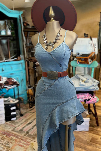 Retro Washed Ruffle Draped Denim Dress