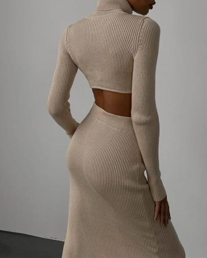 Threaded High Collar Irregular Crop Top Slit Skirt Suit