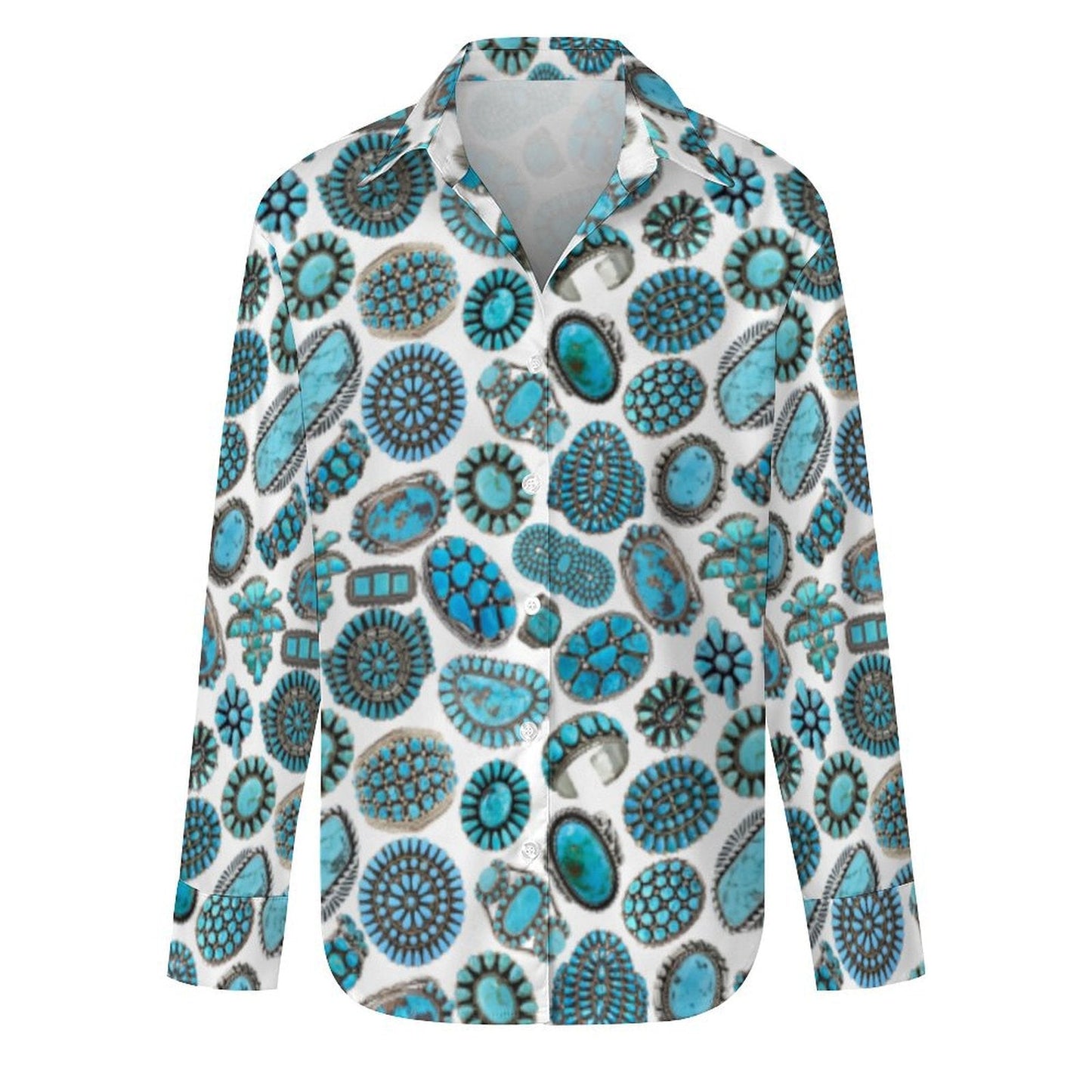 Turquoise Crazy Long Sleeve Button Up Blouse