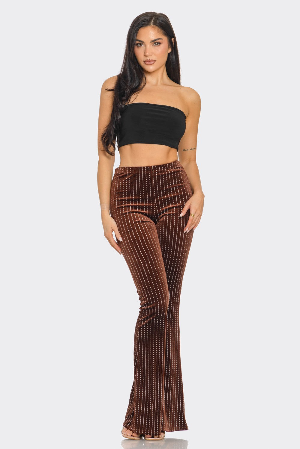 Brown Velvet Flare Bell Bottom Pants with Glitter Detail 31" inseam