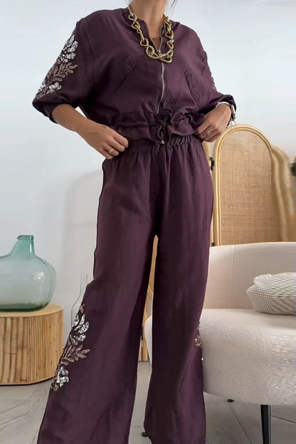 Women's Casual Sequined Cotton and Linen Pants Suit