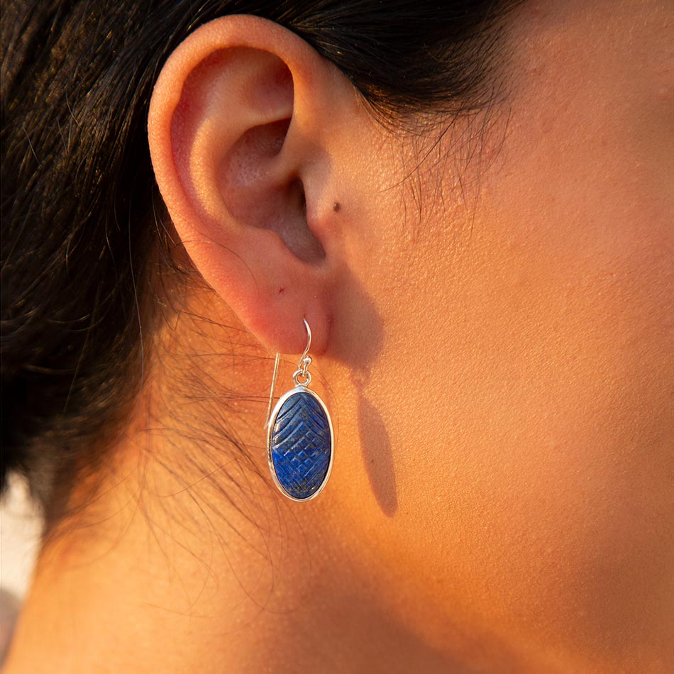 Barse Carved Blue Lapis Sterling Silver Drop Earrings