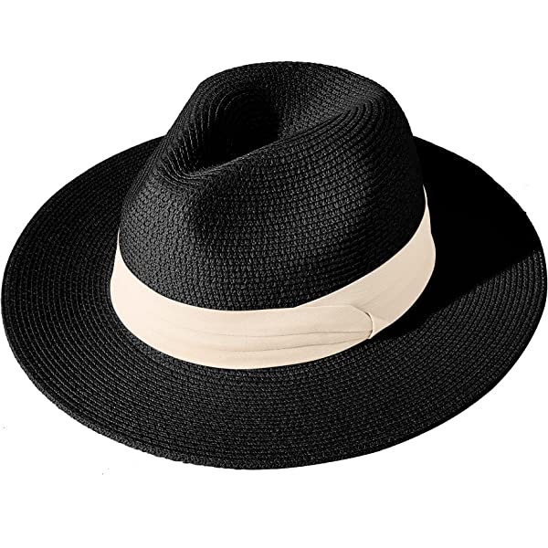 Wide Brim Straw Panama Roll up Hat Belt Buckle Fedora Beach Sun Hat