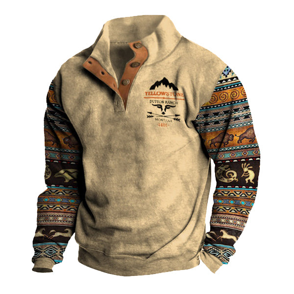 Men's Retro Western Yellowstone Ethnic Print Casual Henley Stand Collar Sweatshirt