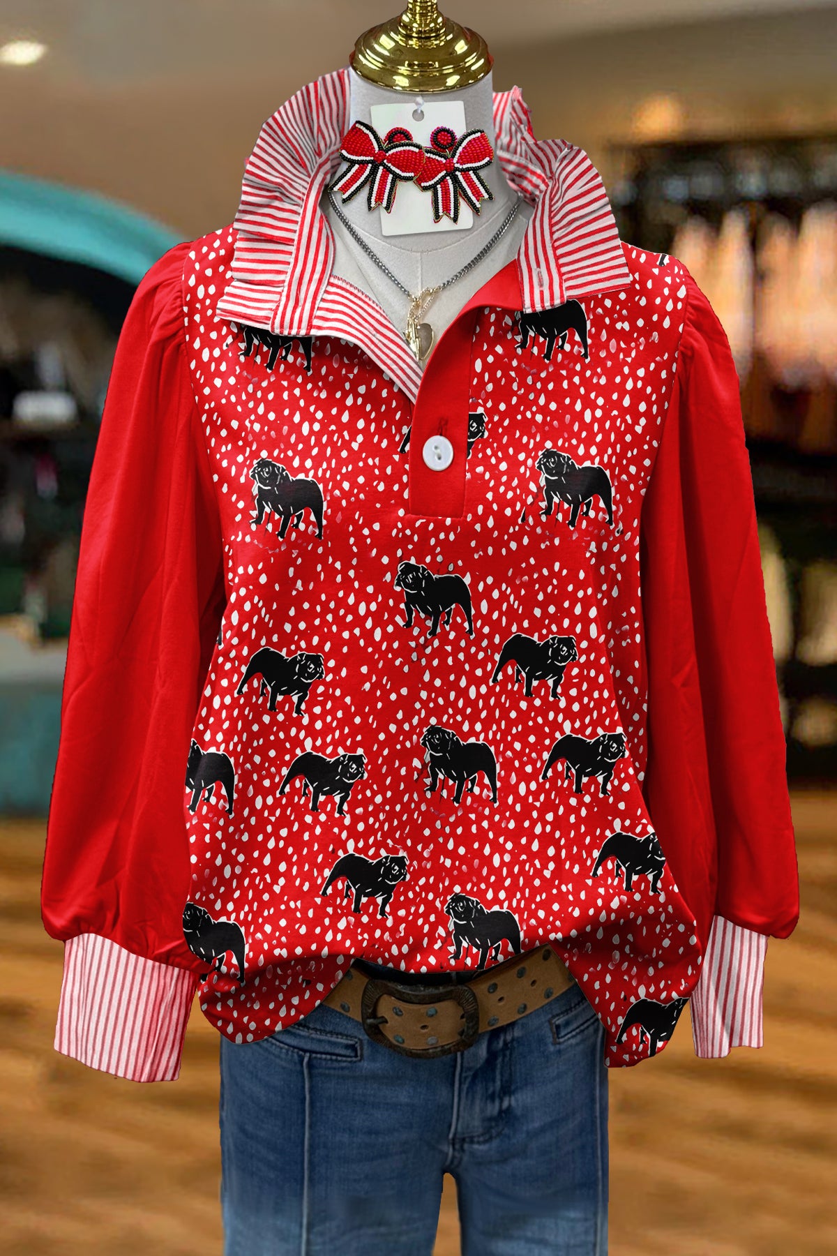 Classic Georgia Bulldog Print Stand Collar Blouse