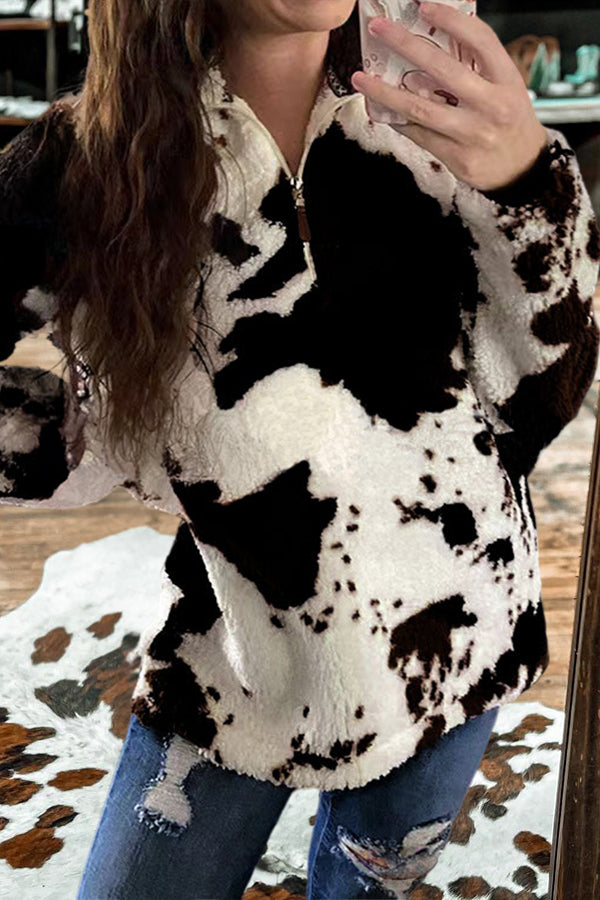 Stylish Plush Cow Print Zipper Sweatshirt