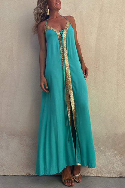 Del Mar Sequin Trim Lace-up Halter Elastic Back Maxi Dress