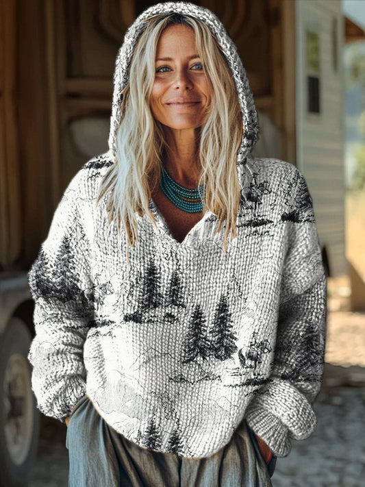 Fashion Wild West Retro Wilderness Cowboy Art Print Knit Pullover Hooded Sweater