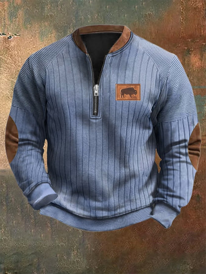 Men's Vintage Western Knit Print Zipper Stand Collar Casual Sweatshirt