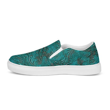 Turquoise Leather Print Women__ Slip-on Canvas Shoes