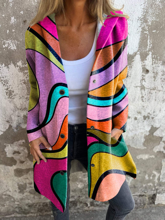 Abstract Colorful Art Print Long Sleeve Button Hooded Jacket