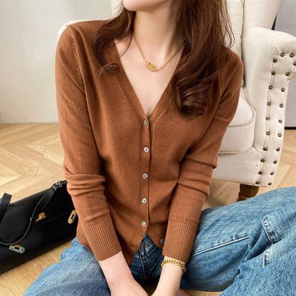 Cardigan Autumn Wear Korean Style V-neck Sweater Loose Bottoming Sweater Knitted Cardigan Women's Solid Color Short Coat