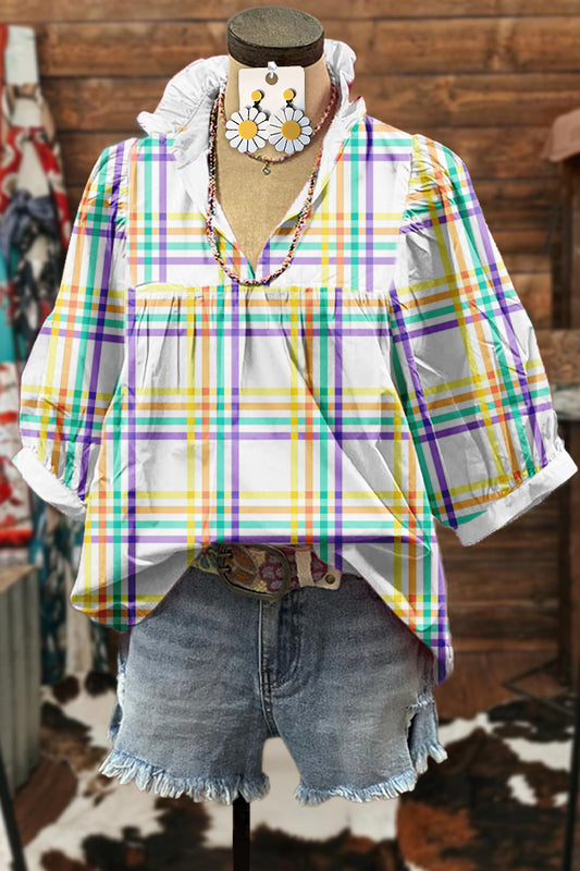 Fresh Plaid Print Puff Sleeve Blouse