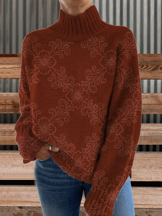 Vintage Print Knit Turtleneck Pullover Sweater