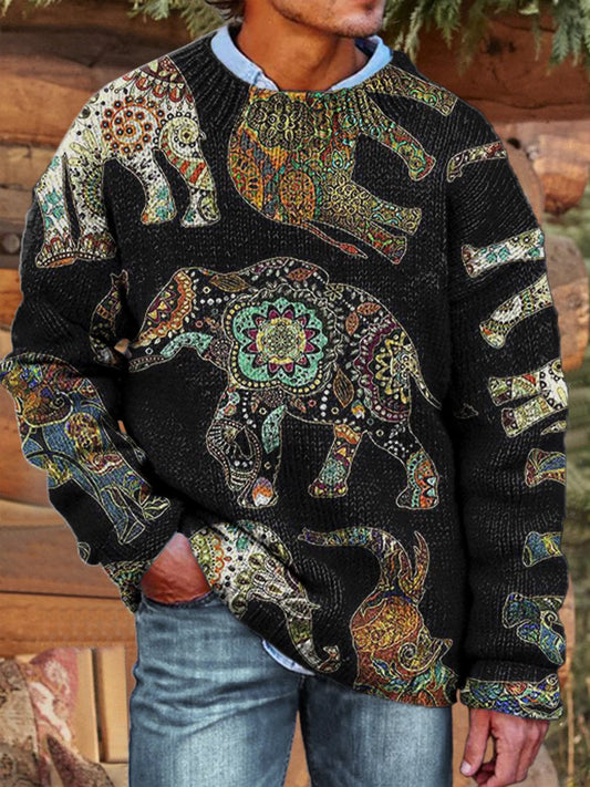 Black Vintage Ethnic Elephant Print Knit Pullover Sweater