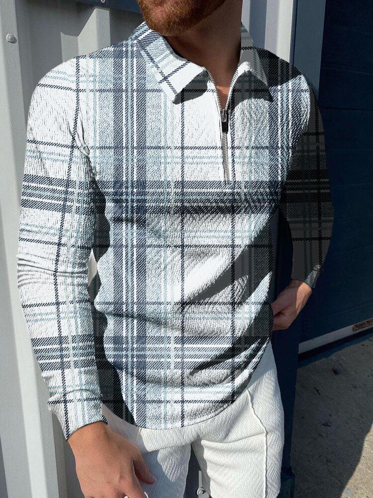 men's casual plaid printed polo long sleeves