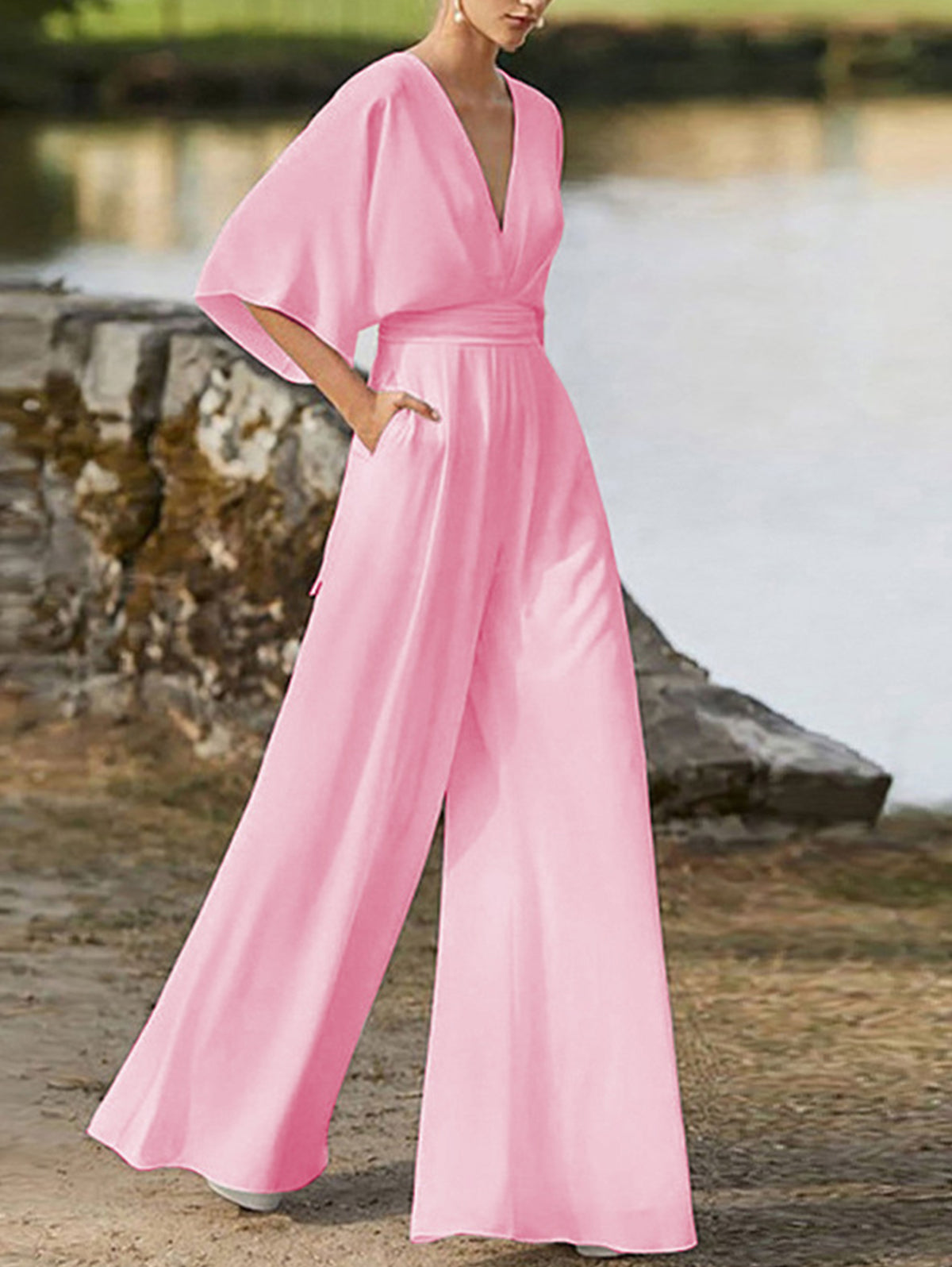 Elegant Deep V Neck Plain Half Sleeve High Waist Wide Leg Jumpsuit