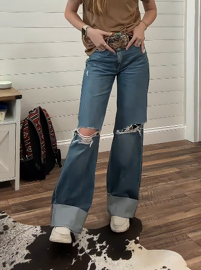 Western Vintage Wash Ripped Wide-leg Jeans