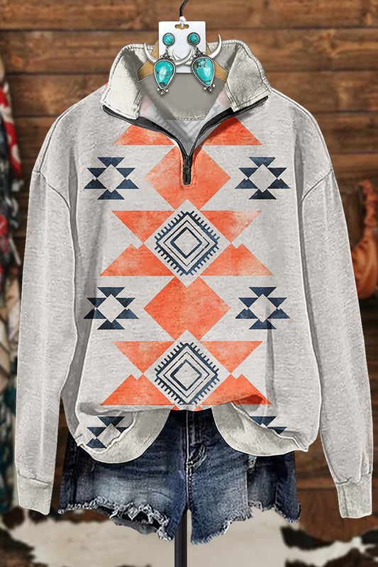 Contrast Color Aztec Printed Zipper Sweatshirt