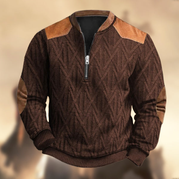 Men's Vintage Western Knit Print Zipper Stand Collar Casual Sweatshirt