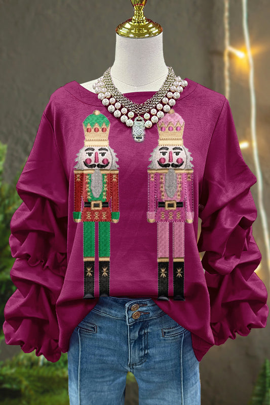 Cute Christmas Nutcracker Print Pleated Sweatshirt