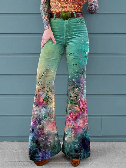 Women's Vintage Floral Print Mid-Rise Button-Hem Bootcut Pants (Without Belt)