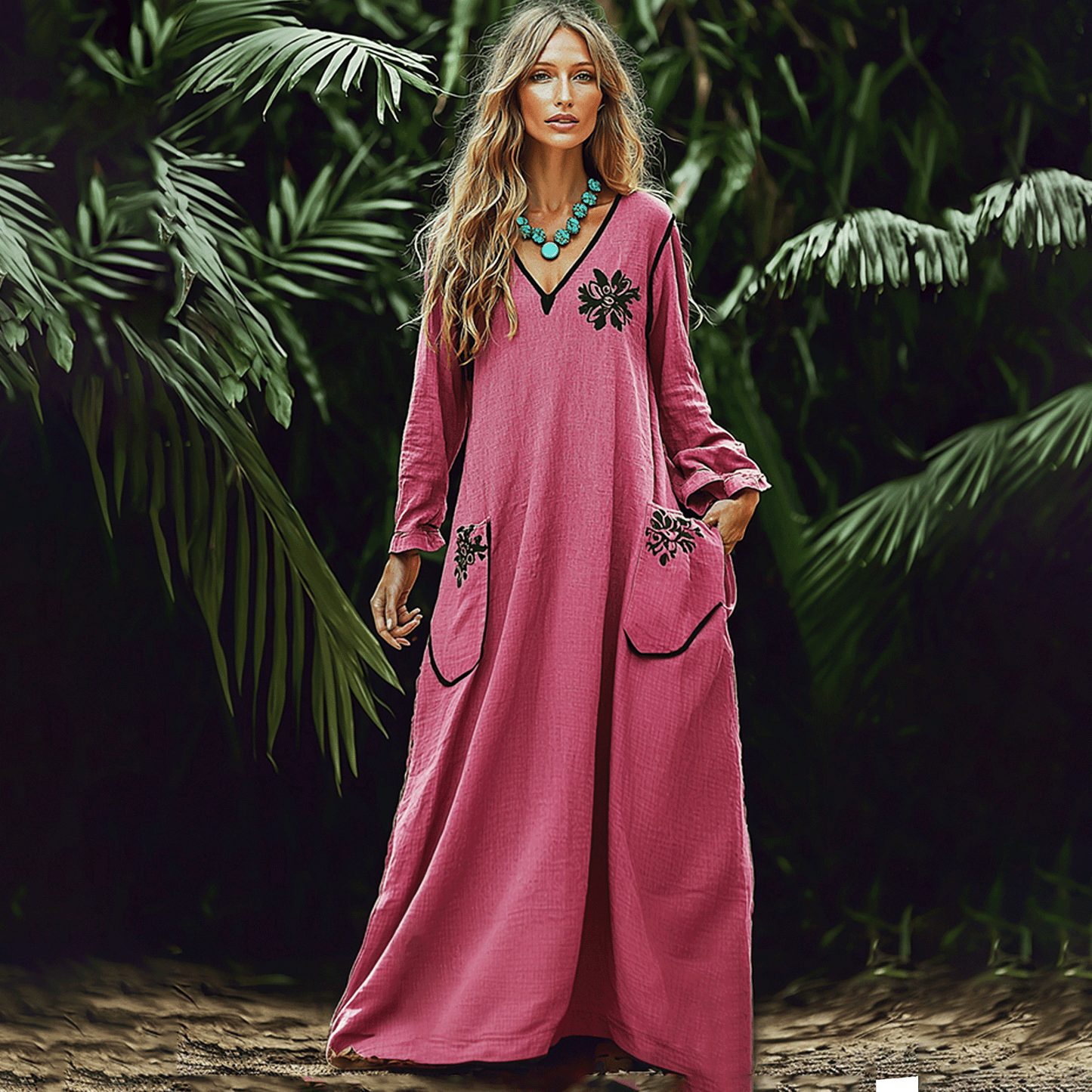 Women's Vintage Contrast Pocket Long Sleeve Linen Maxi Dress