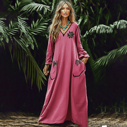 Women's Vintage Contrast Pocket Long Sleeve Linen Maxi Dress