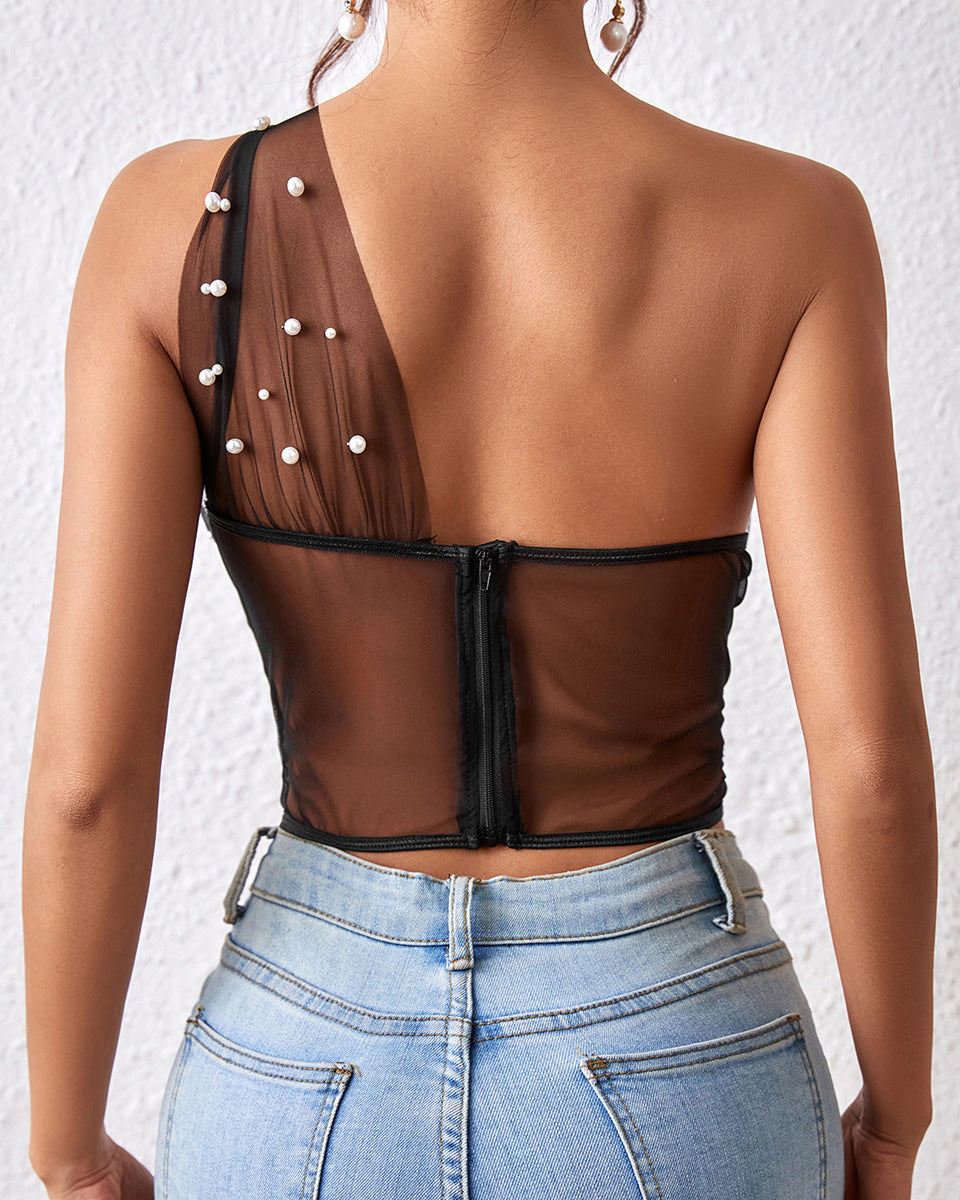 See-Through Mesh Chest-Wrapped Steel Ring Fishbone Slim Waist Rhombus Vest