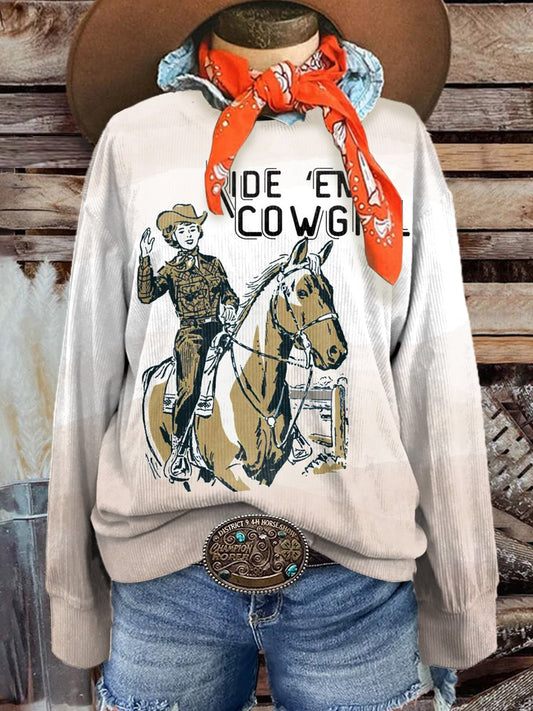 Women's Riding Cowgirl Print Casual Corduroy Sweatshirt