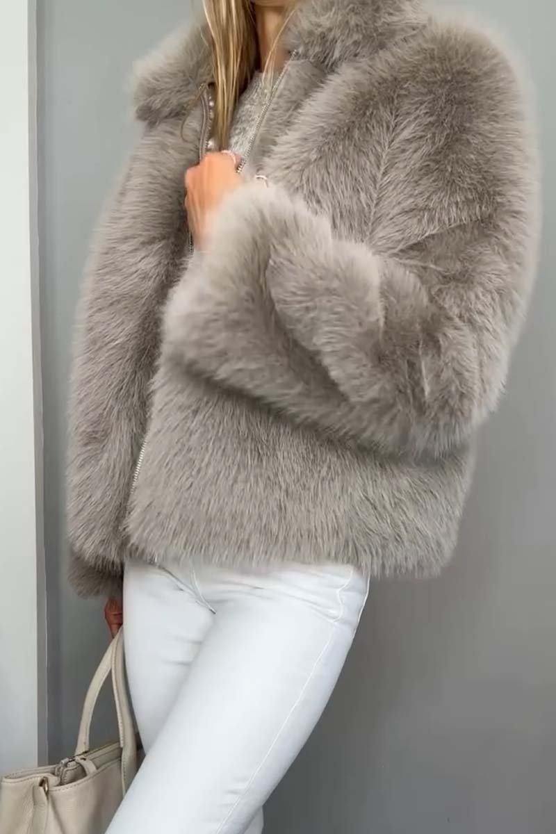 Women's Fashionable Solid Color Lapel Faux Fur Winter Short Coat