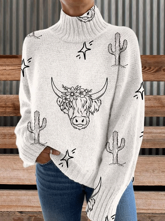 Yak Cactus Print Knit Turtleneck Pullover Sweater