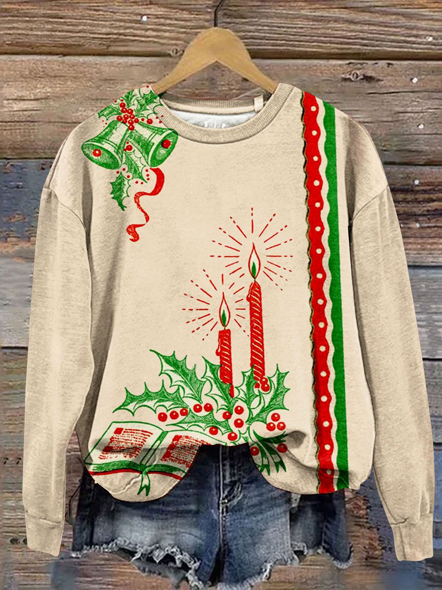 Vintage Christmas Bell Candle Art Print Casual Sweatshirt