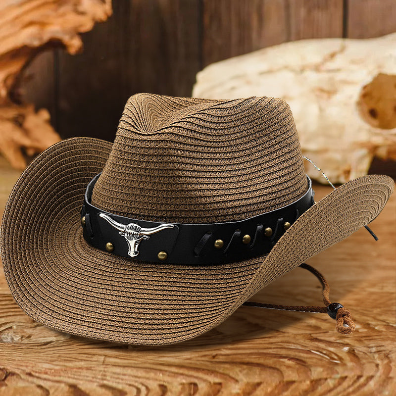 Western Bull Head Belt Cowboy Straw Hat