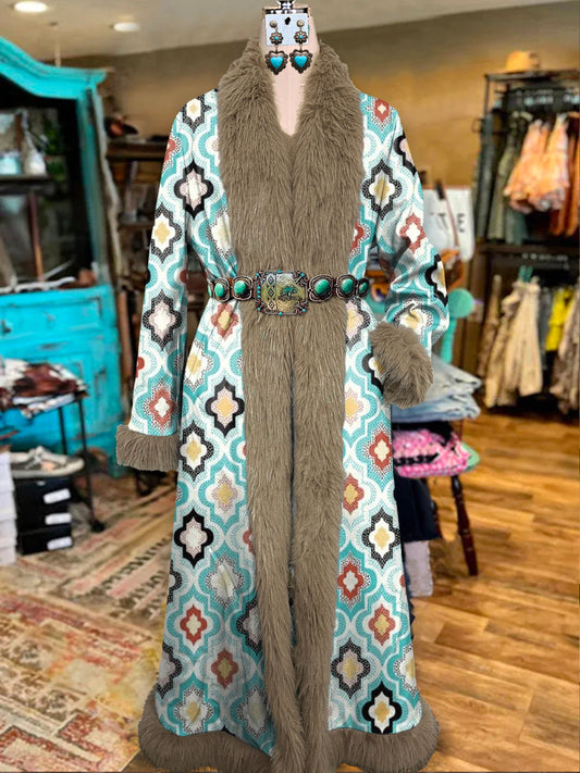 Women's Turquoise Vintage Ethnic Plaid Flowers Printed Fur Patchwork Suede Long Afghan Coat