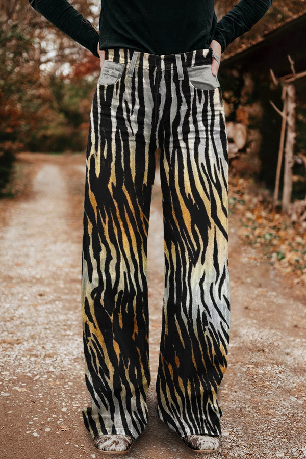 Retro Western Cowboys Zebra Print Washed Wide Leg Pants