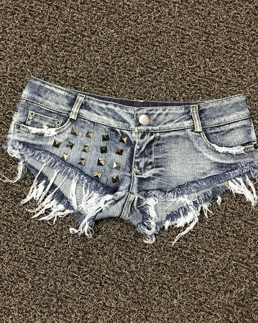 Raw Edge Washed Studded Low-Rise Denim Shorts